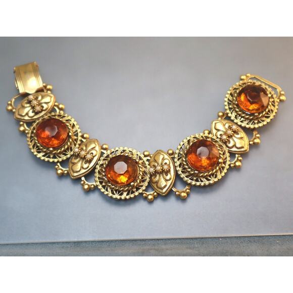 Coro Fleur de Lis Bracelet Orange Open Setting Rhinestones Pearls - Picture 1 of 7